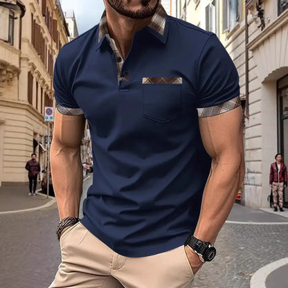 Men's short sleeve plaid colourblock t-shirt with zipper decoration in various colours and sizes