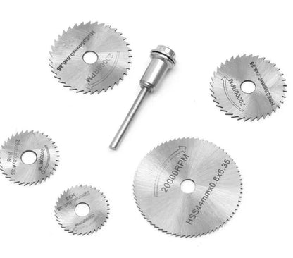 Set of six high-speed steel circular saw blades and a mandrel for woodworking tools.