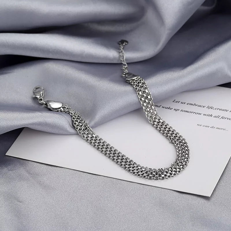Multi-layer lace woven round beads chain bracelet in white gold color, perfect for women's fashion accessories.