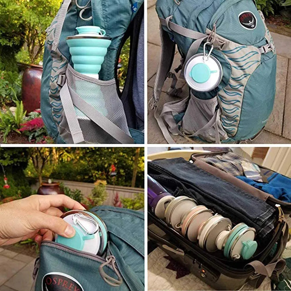 Collapsed and expanded states of a 500ml silicone water bottle with hook and hand rope.