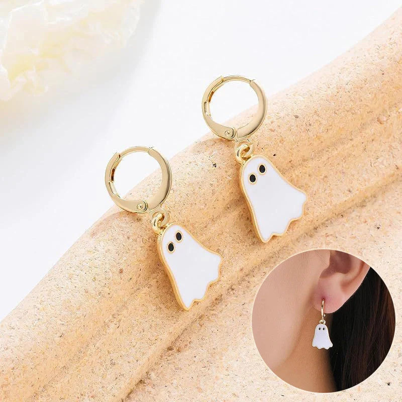 Spooky and Stylish Halloween Ghost Earrings for Women in Gold, Unique Hoop Earring Design for Festive Occasions