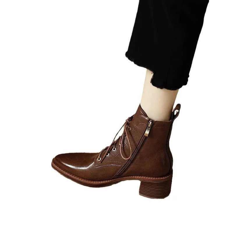 Women's black French pointy toe short tube boots with 13cm shaft height and 5.5cm heel
