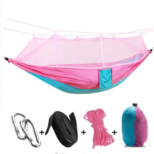 Lightweight and portable parachute hammock with mosquito net for outdoor relaxation