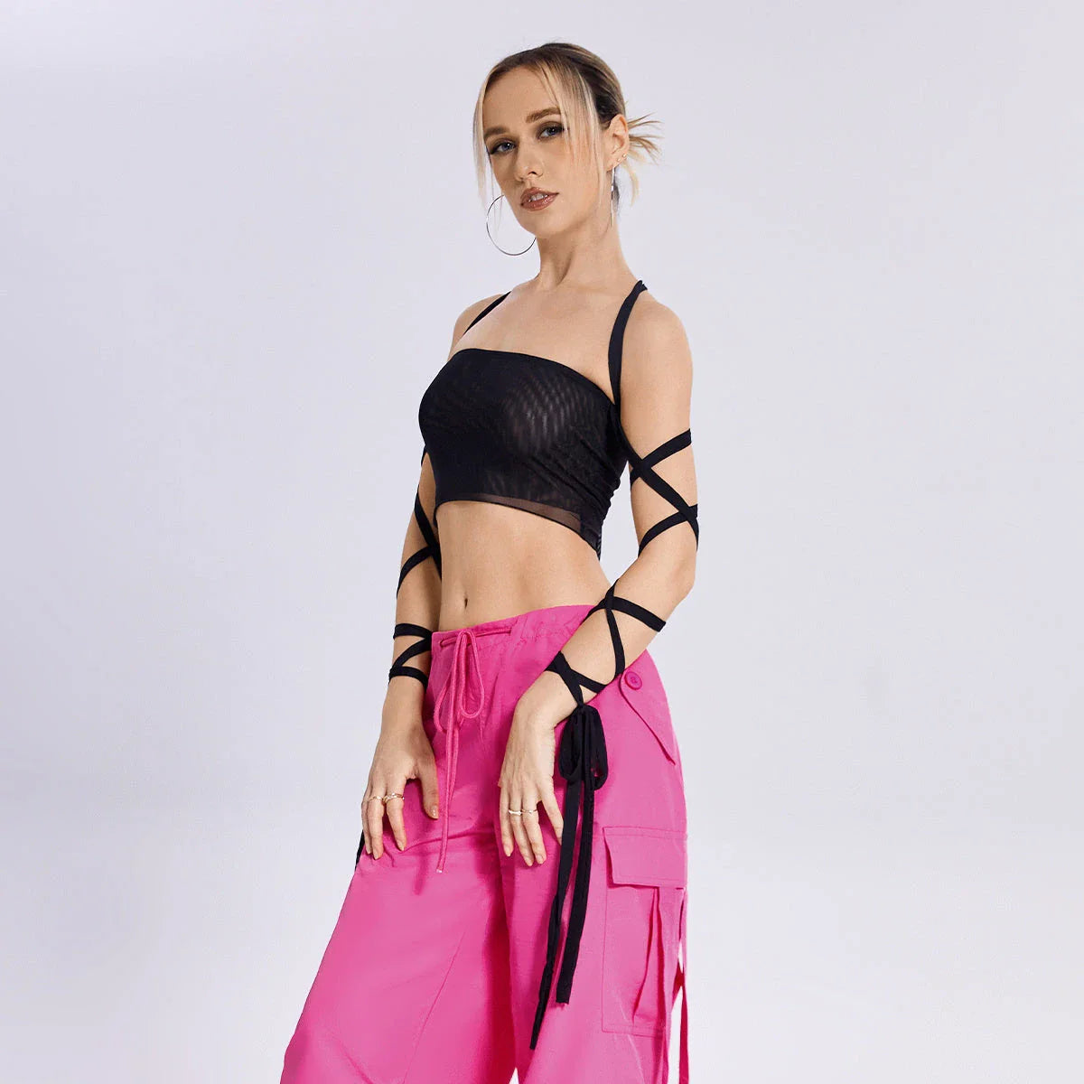 Stylish women's black tank top with elastic cross-arm design, perfect for casual summer wear