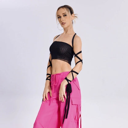 Stylish women's black tank top with elastic cross-arm design, perfect for casual summer wear