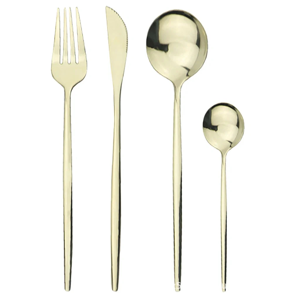 24-piece stainless steel cutlery set with mirror-polished finish showing six place settings in gold colour
