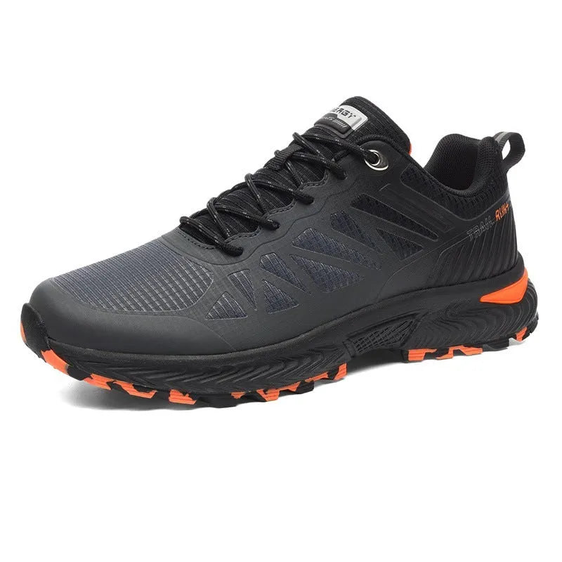 Men's black outdoor running shoes with mesh upper, PHYLON midsole, and rubber MD TPU sole showing round toe shape and lace-up front