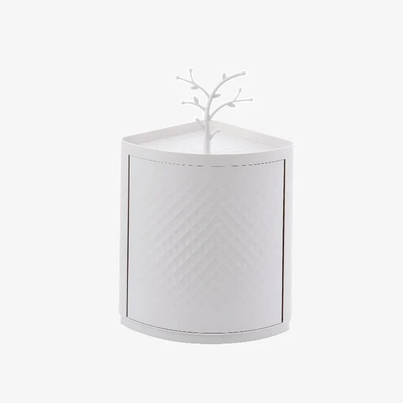 Rotatable bathroom storage organizer with a sleek, white plastic design and a covered front panel to protect against dust.