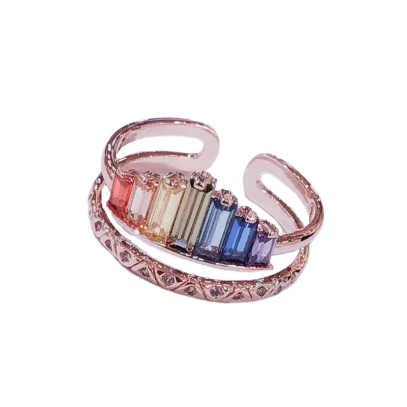 Stylish Rainbow Micro Diamond Ring with geometric design and vibrant colors