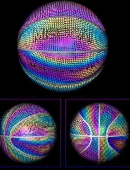 Glowing luminous basketball with mesmerizing rainbow, moon, and multicolored lighting effects for dazzling nighttime games