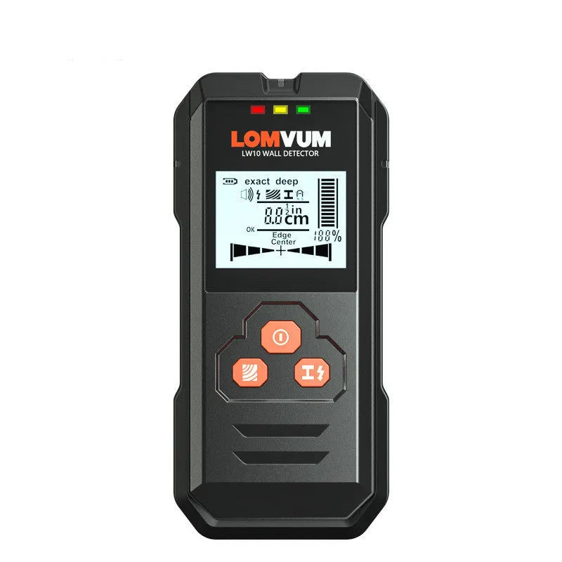 Handheld multifunctional wall detector for finding metal, wires, and wooden studs behind walls.