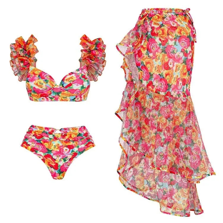 Women's floral print push-up bikini set with high-waist briefs and matching swimsuit skirt