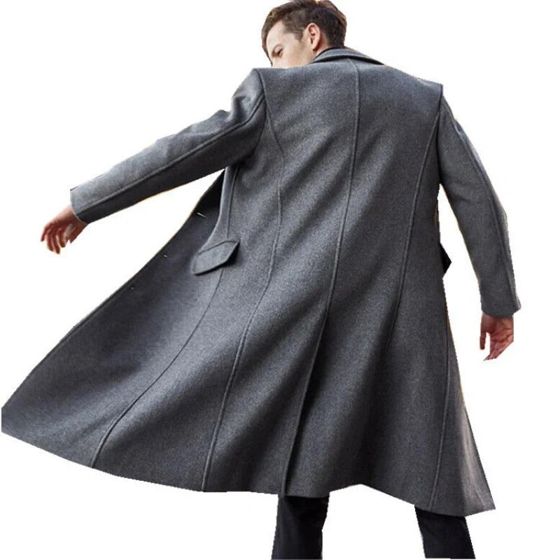 Men's woolen long trench coat in black, gray, khaki, dark brown, and navy blue