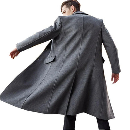 Men's woolen long trench coat in black, gray, khaki, dark brown, and navy blue