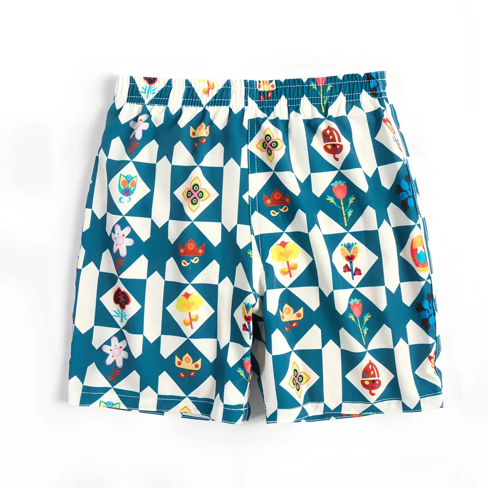 Children's quick-dry swimming trunks with cactus pattern, elastic waistband, boxer-style design
