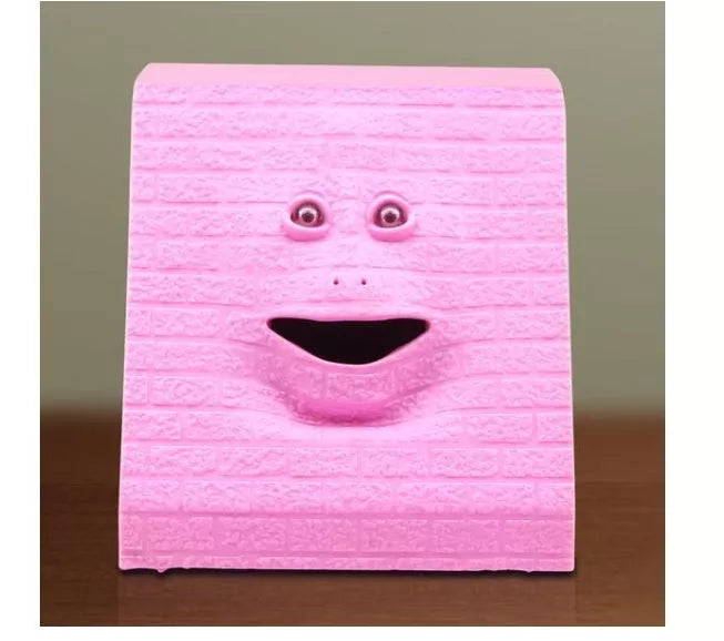 Face Intelligent Induction Electric Piggy Bank with realistic money-eating action in brick blue, pink, or red
