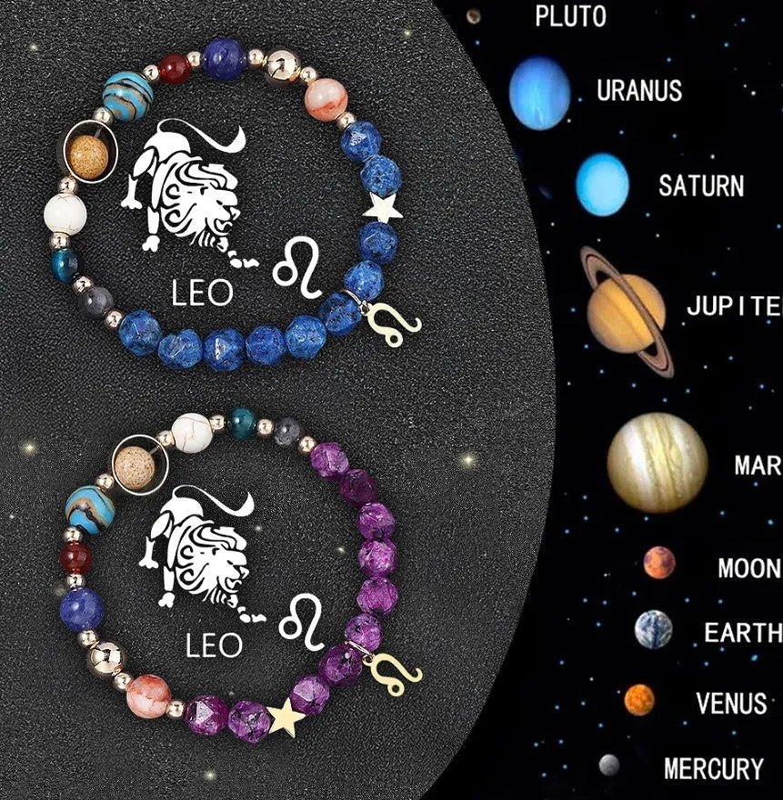 Twelve Zodiac Sign Beaded Bracelet Set with natural stone beads and adjustable cord on wrist