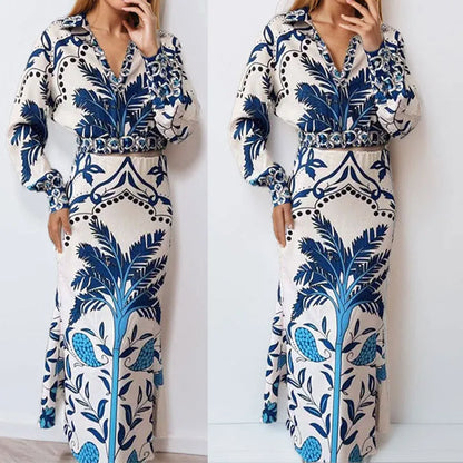 Flower pattern spring casual set with long sleeve top and matching skirt in polyester fabric