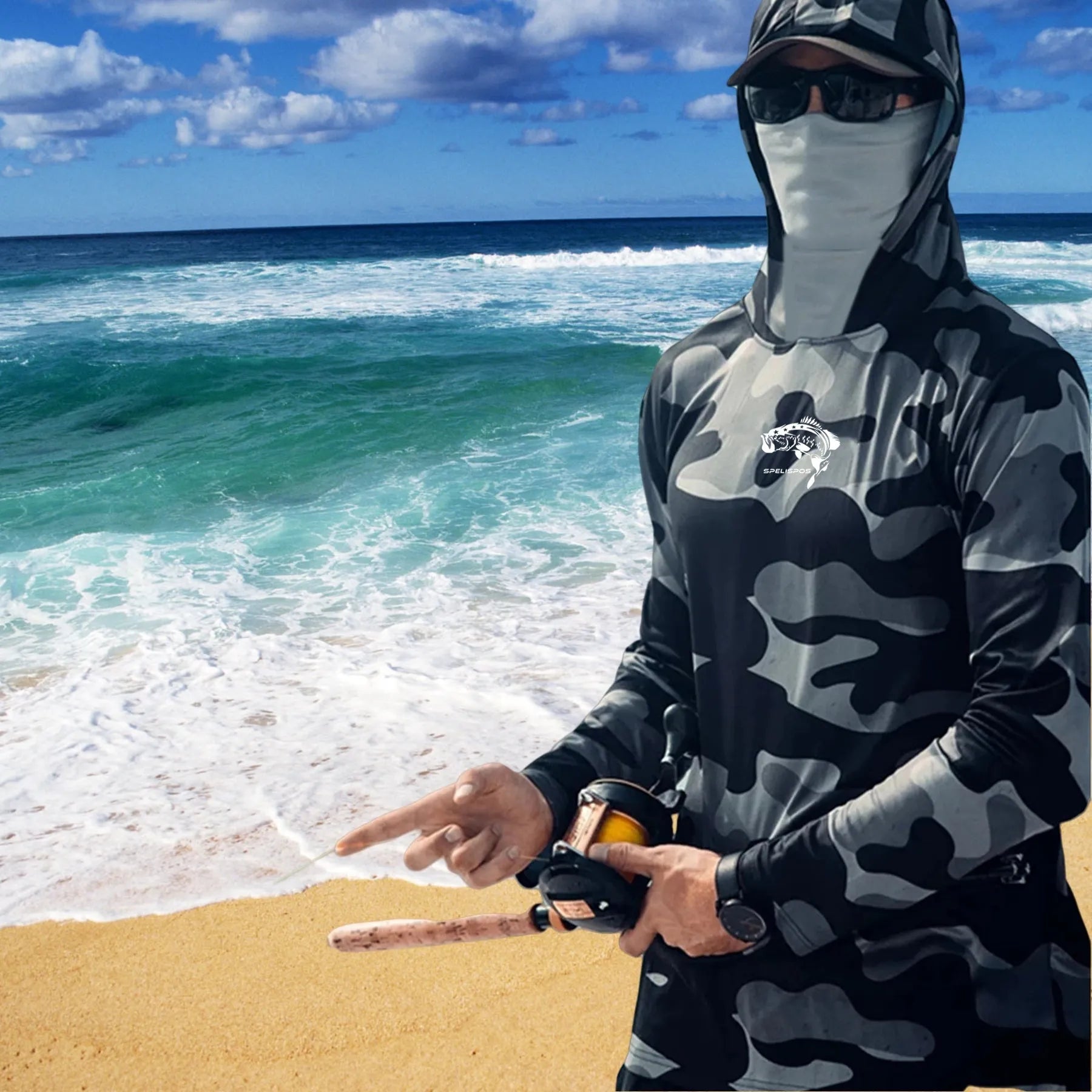 Huk Pursuit long sleeve fishing shirt with mesh side panels and crew neck, shown in an outdoor setting