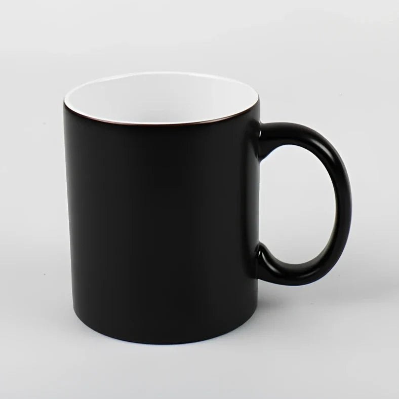 Ceramic colour change mug showing before and after transformation with hot liquid