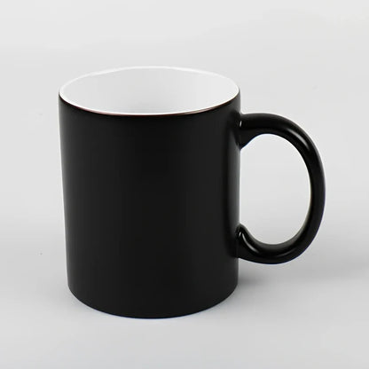 Ceramic colour change mug showing before and after transformation with hot liquid