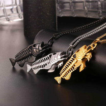 316L stainless steel fish bone necklace with gold plating, available in golden, steel color, and black