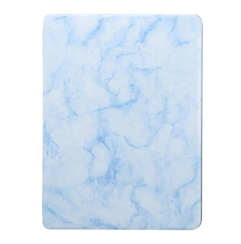 Tri-fold iPad case with marbling design showing pen slot and available in five colours including dark gray and purple