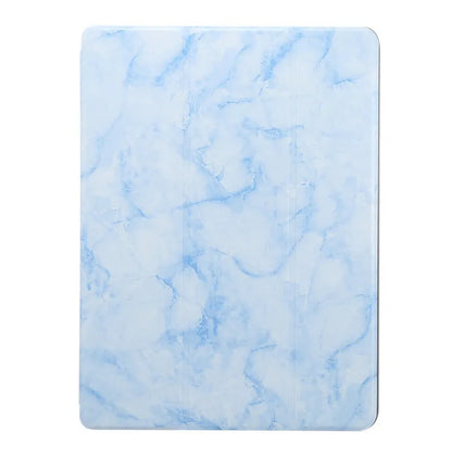 Tri-fold iPad case with marbling design showing pen slot and available in five colours including dark gray and purple