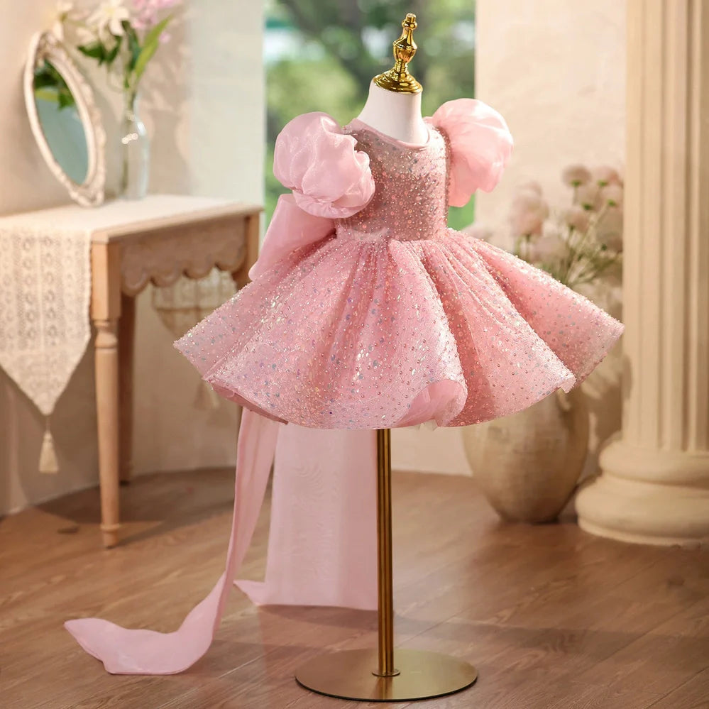 Pink children's sequined formal dress with puff sleeves for flower girl and wedding occasions