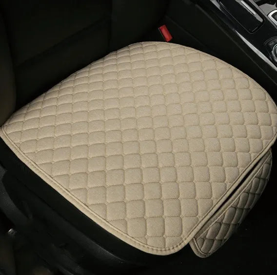 Flax linen car seat cover protector in beige, black, red and brown, with cushion and five-seat style options.