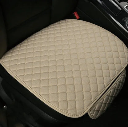 Flax linen car seat cover protector in beige, black, red and brown, with cushion and five-seat style options.