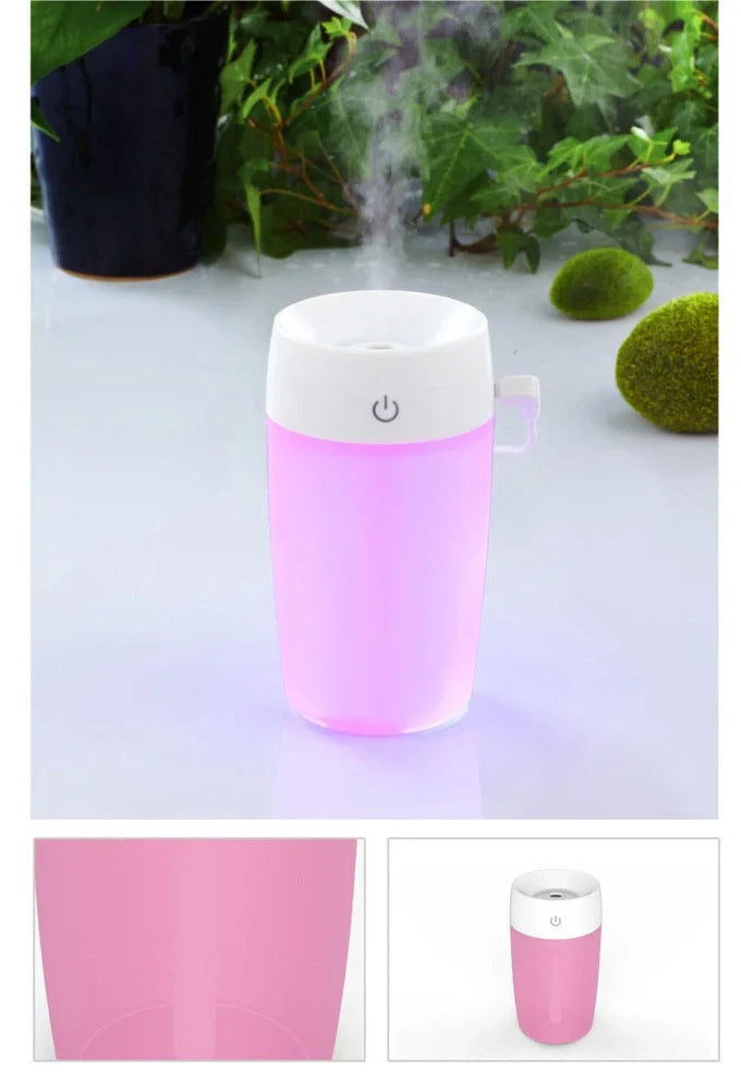 Mini air humidifier in white colour with USB cable, showing compact size suitable for desk use