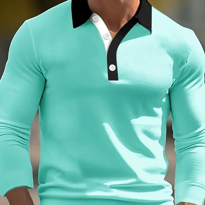 Men's long sleeve polo shirt loose fit button-up top polyester chemical fibre blend pullover style design in multiple colour options available in sizes S to 6XL for adult male casual or smart casual wear with Asian sizing guidance included