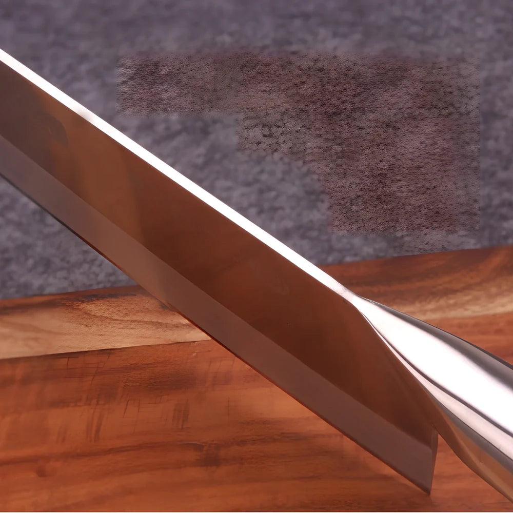 Stainless steel kitchen knife with 19.8cm blade and yellow wooden handle for food preparation