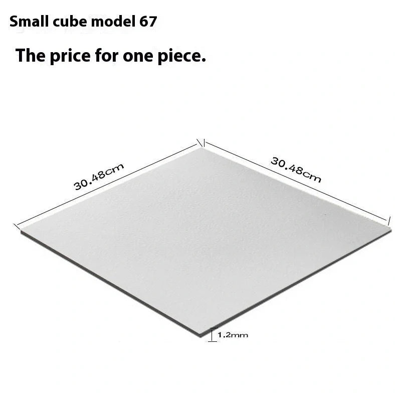 Self-adhesive vinyl flooring tile showing 30cm x 30cm dimensions with peel-and-stick backing visible