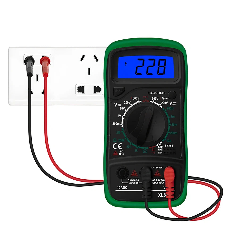 Digital multimeter with black and yellow housing showing 45x20mm LCD display for electrical measurements