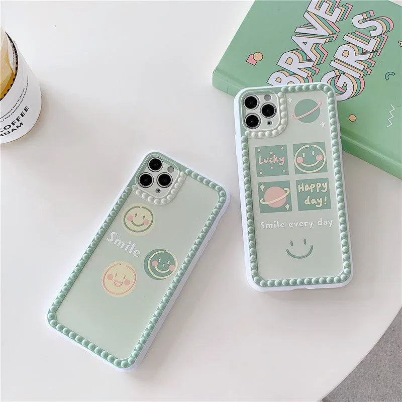 Green TPU phone case with geometric smiley face and polka dot frame designs, offering impact protection and precise cutouts for iPhone 7 to 11 Pro Max models, available in two style options.