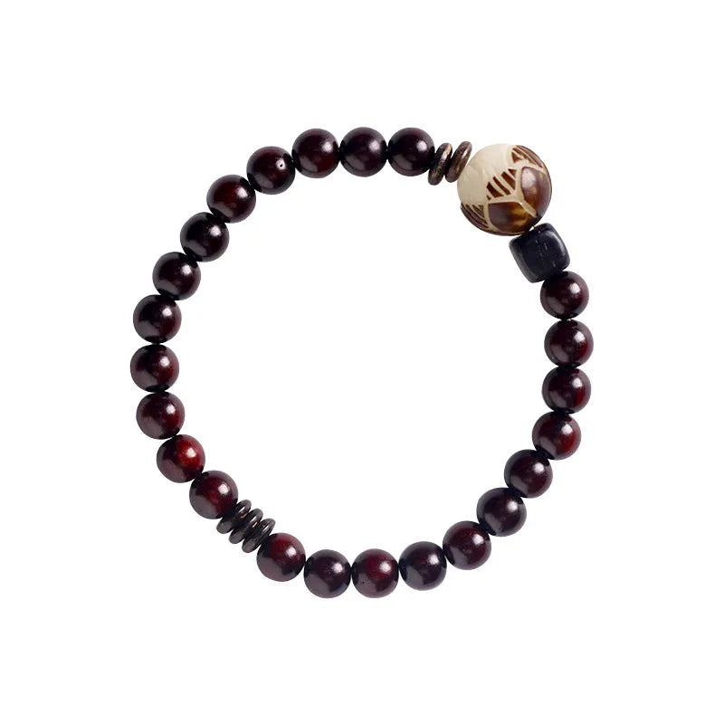 Natural rosewood double-ring bracelet with hand-knitted construction and retro floral design