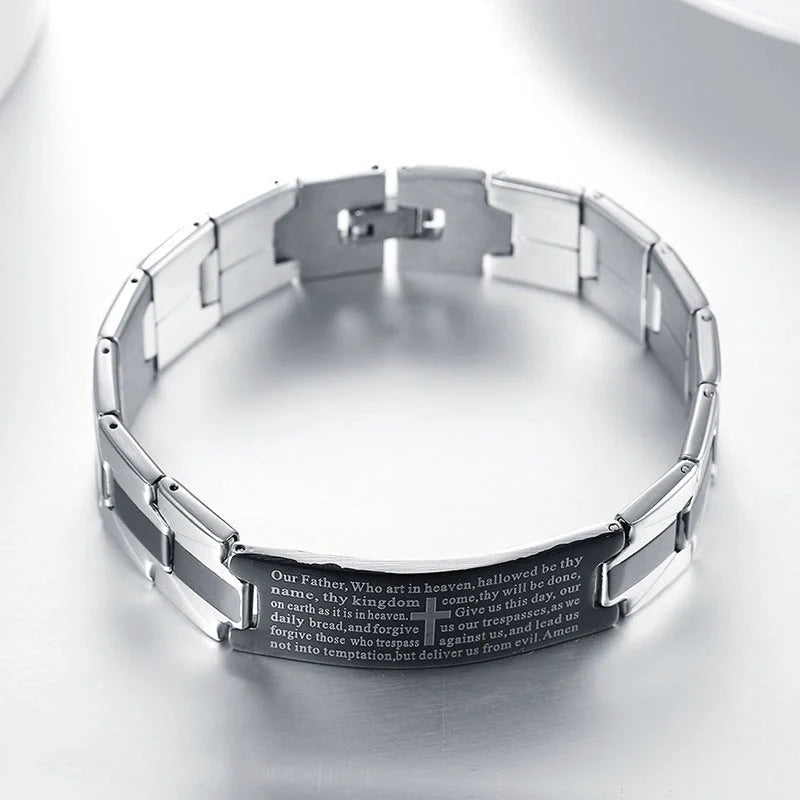 Men's cross stainless steel bracelet with geometric design, silver color