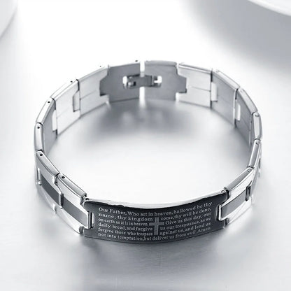 Men's cross stainless steel bracelet with geometric design, silver color