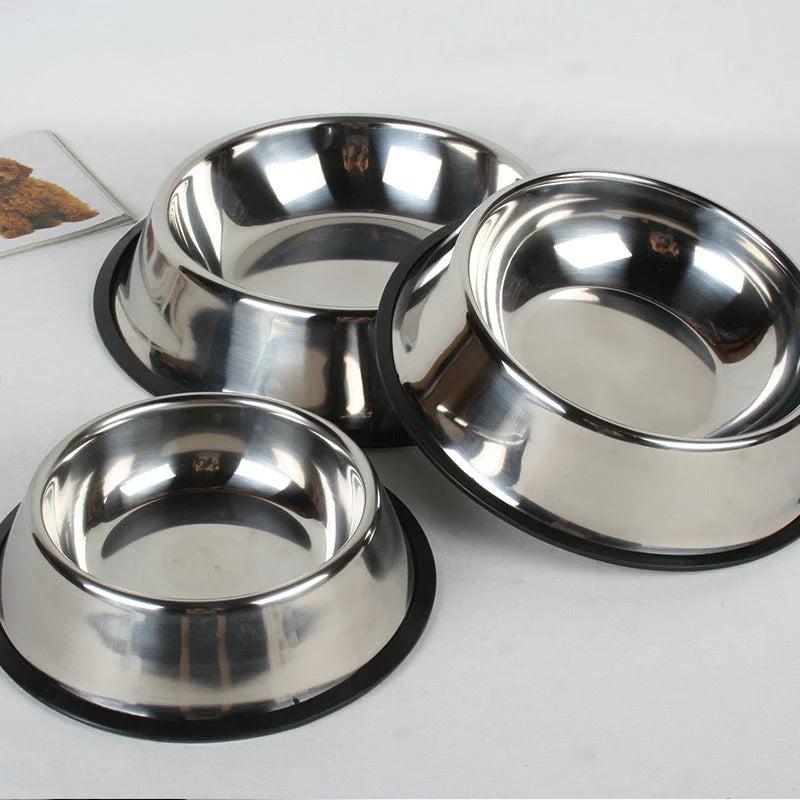 Stainless steel pet bowls with non-slip base, available in multiple sizes for all pets