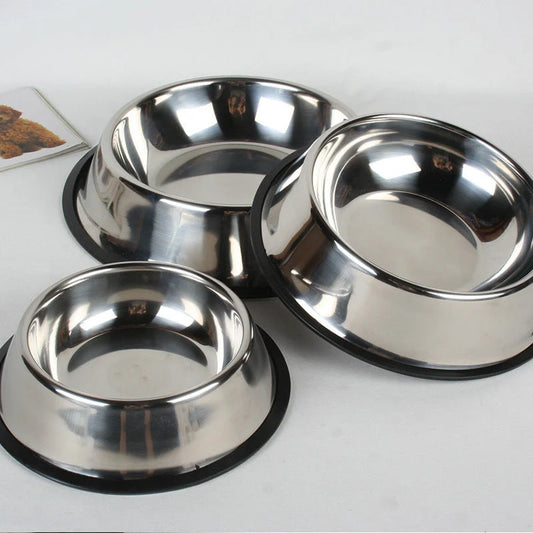 Stainless steel pet bowls with non-slip base, available in multiple sizes for all pets