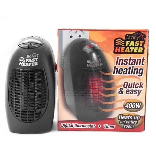 Black compact electric heater with digital display and rotating plug, measuring 8x7x16cm