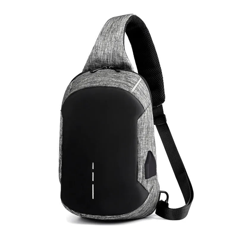 Dark blue Oxford waterproof chest bag with zipper opening, measuring 18cm wide by 31cm high
