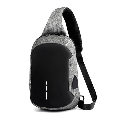 Dark blue Oxford waterproof chest bag with zipper opening, measuring 18cm wide by 31cm high