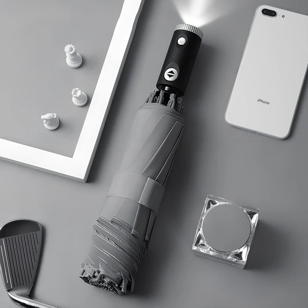 Automatic reverse umbrella showing open 105cm canopy and compact 30cm folded size