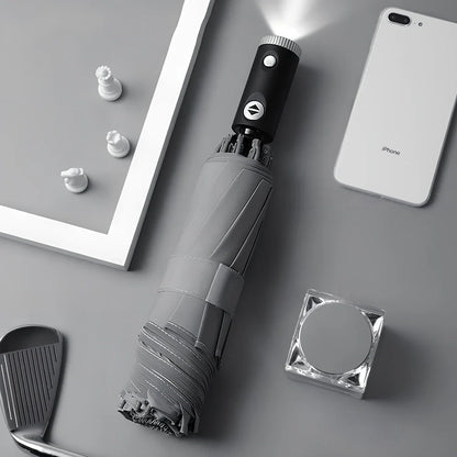 Automatic reverse umbrella showing open 105cm canopy and compact 30cm folded size