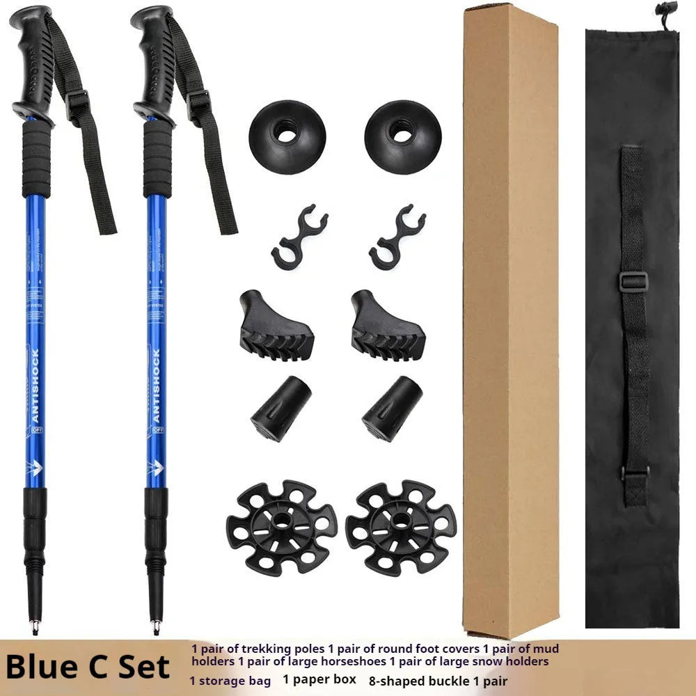 Aluminium alloy telescopic trekking pole extended with straight handle, shown with accessory tips including foot cover and snow holder.