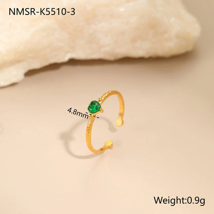 Open-ended stainless steel ring with geometric love heart shape and inlaid green zircon stone.