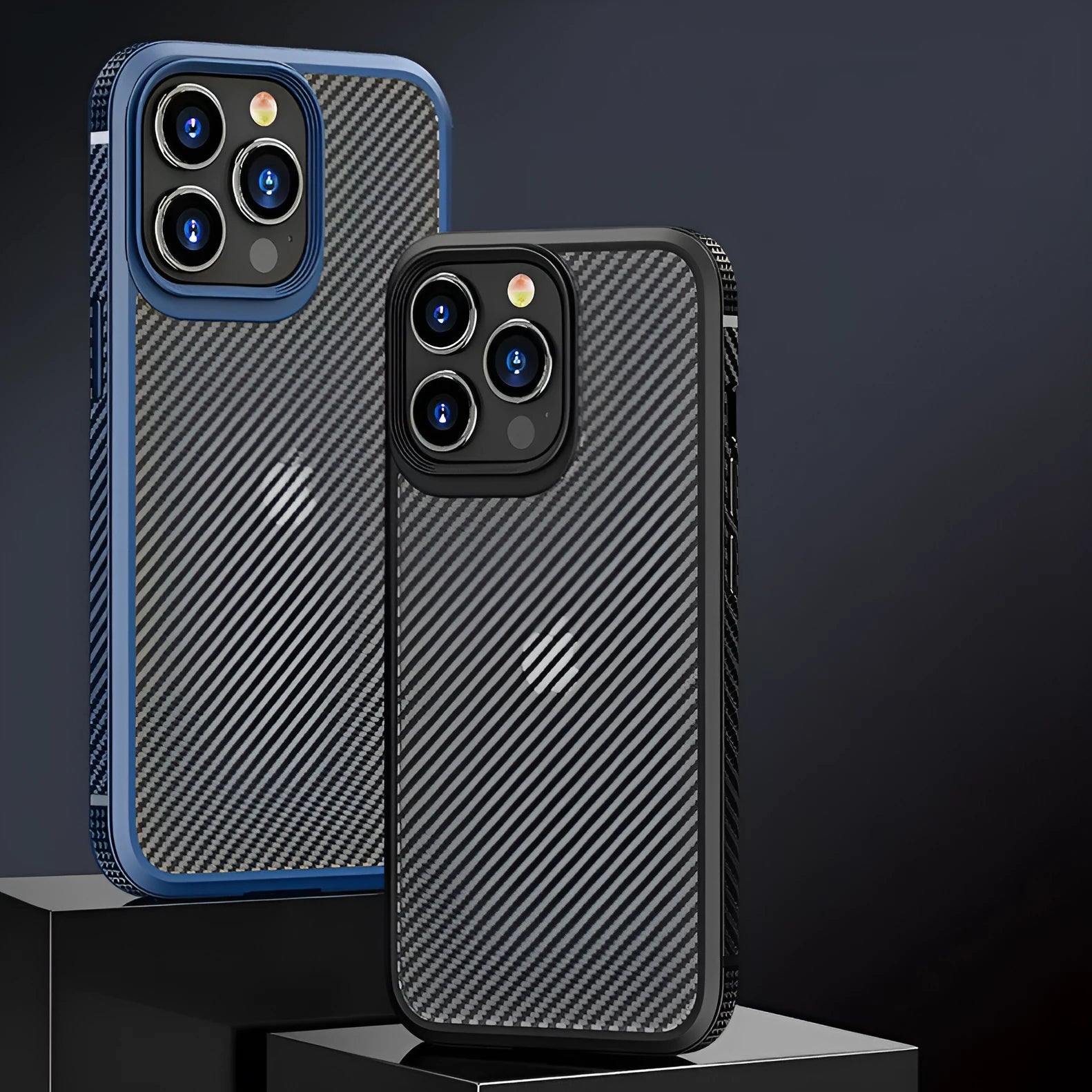 Black and blue iPhone 13 series protective cases with carbon fibre pattern and TPU+PC construction